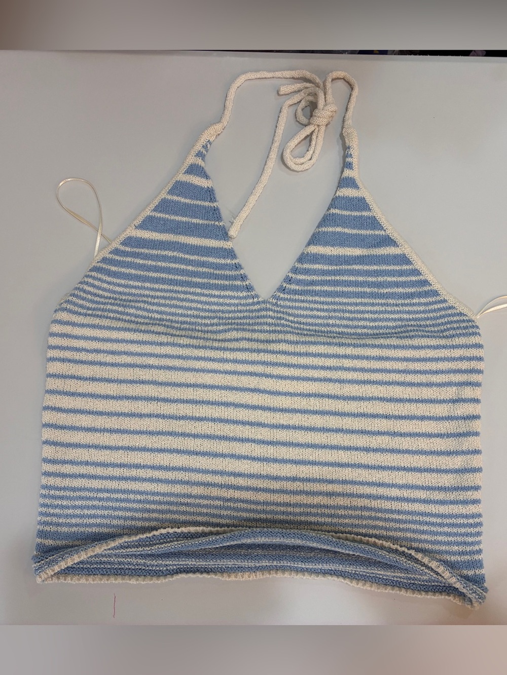 Fashion Nova Striped Knit Halter Crop Top in Blue and Cream 2X